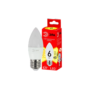 лампа светодиодная эра b35 e27 6w 2700к 220-240v свеча eco (1/10/100) б0020620