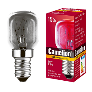 лампа накаливания camelion e14 15w 220-240v цилиндр 300°c для духовок прозрачная (1/10/500) 12979