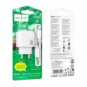 сетевое з/у hoco cs55a 1usb+1type-c 3.0a 30w qc3.0 с кабелем type-c-lightning белый (1/28/168) 69420