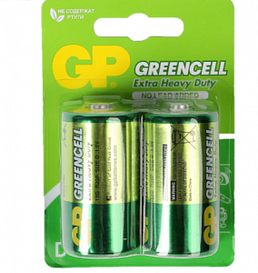 батарейка солевая gp greencell extra heavy duty, d, r20-2bl, 1.5в, блистер, 2 шт. 470403 470403