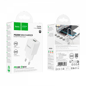 сетевое з/у hoco c147a 1usb+1type-c 3.0a 20w pd,qc белый (1/30/180) 6942007630276